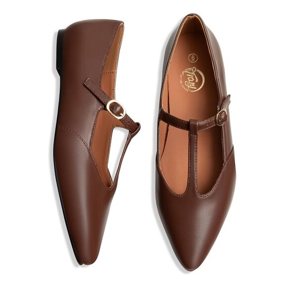 Shoes - Women's T-Strap Mary Jane Ballet Flats Pointed Toe Adjustable Buckle Slip On